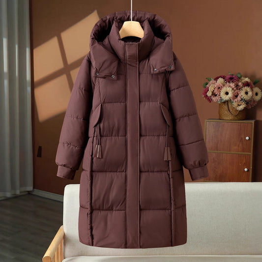 Damen Langer Winter Steppmantel mit Kapuze und Reißverschluss