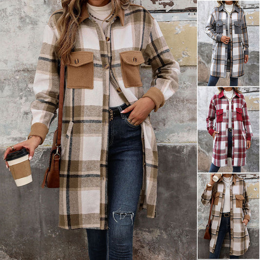 Damen Karierter Shacket Longshirt-Jacke mit Brusttaschen Knopfleiste