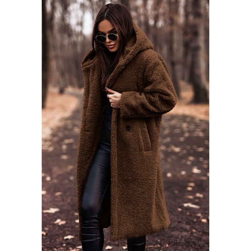 Damen Teddyfell-Mantel mit Kapuze – Langarm Wintermantel