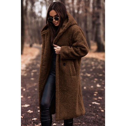 Damen Teddyfell-Mantel mit Kapuze – Langarm Wintermantel