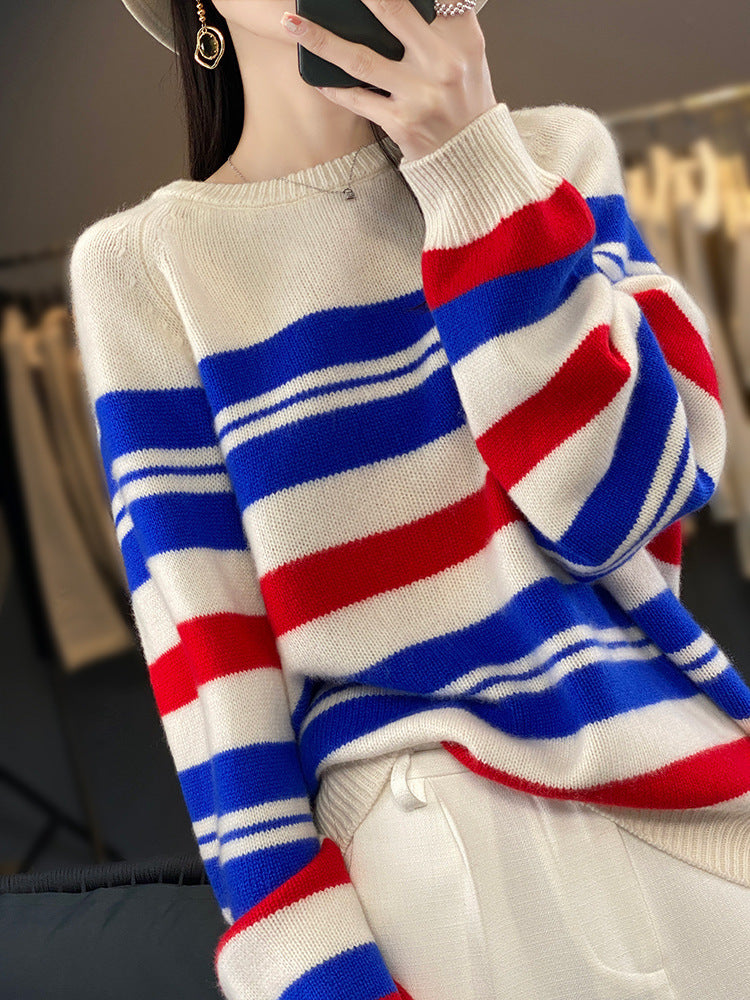Damen Oversize Streifenpullover mit Rundhalsausschnitt Rot Blau Cremeweiß