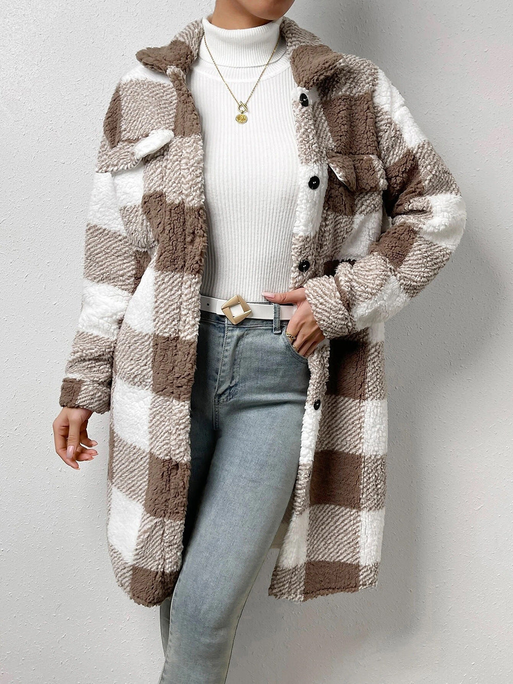 Damen Karierter Teddy Mantel Lange Shacket Jacke mit Knöpfen