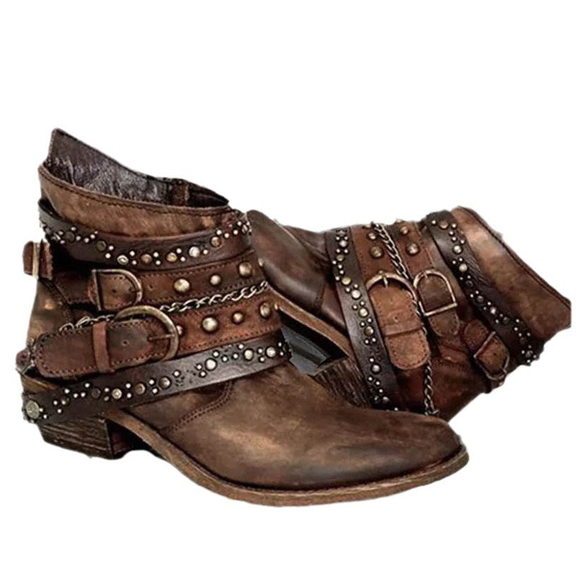 Damen Western Stiefel Vintage-Optik Ankle Boots mit Nieten und Schnallen
