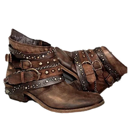 Damen Western Stiefel Vintage-Optik Ankle Boots mit Nieten und Schnallen
