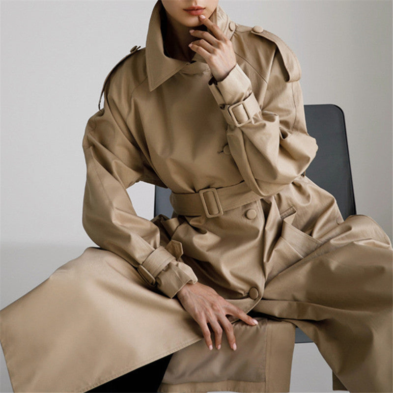 Damen Trenchcoat Lang Übergangsjacke mit Gürtel Khaki