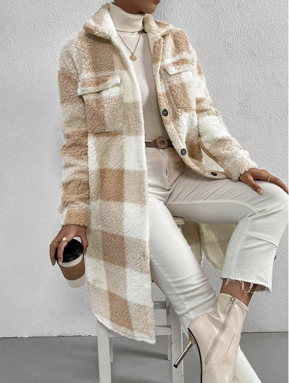 Damen Karierter Teddy Mantel Lange Shacket Jacke mit Knöpfen