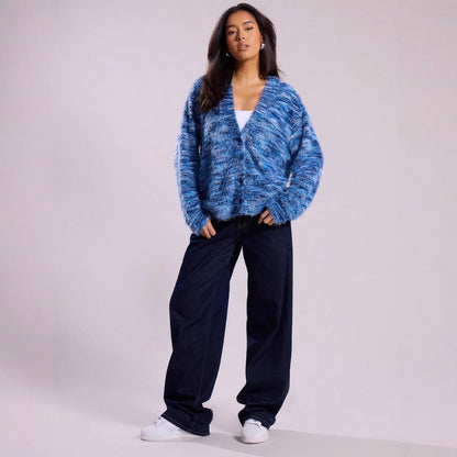 Damen Flauschiger Strick Cardigan mit V-Ausschnitt und Knopfleiste