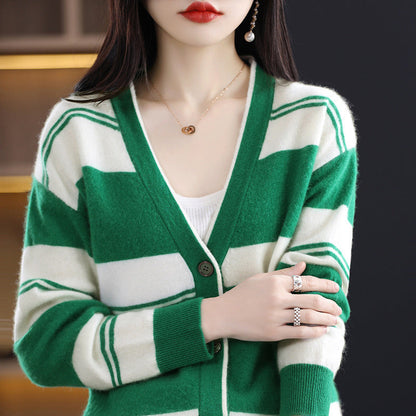 Damen Streifen Cardigan mit V-Ausschnitt und Knopfleiste