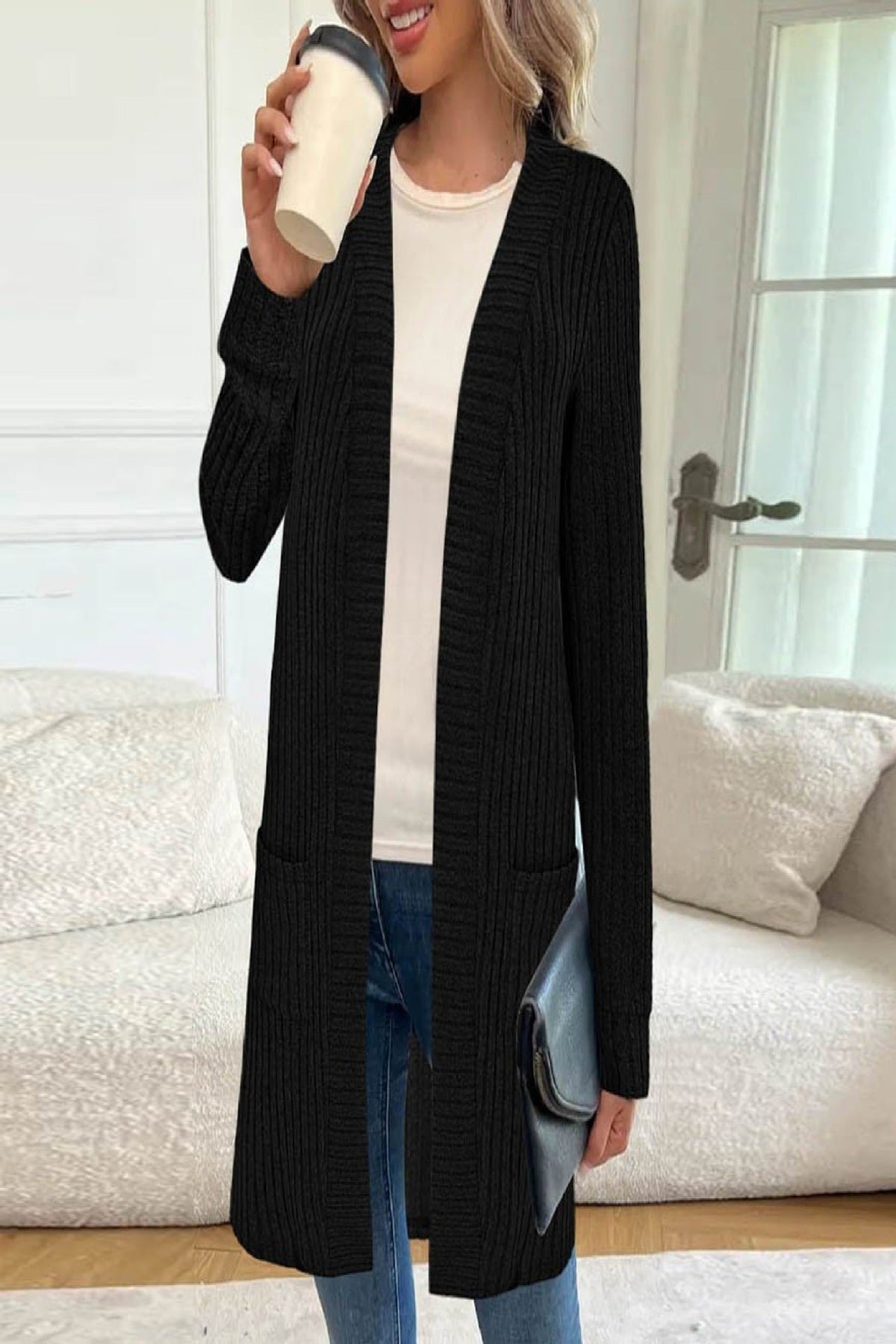 Damen Strick-Cardigan mit Rippmuster und Taschen, Lang, Offen