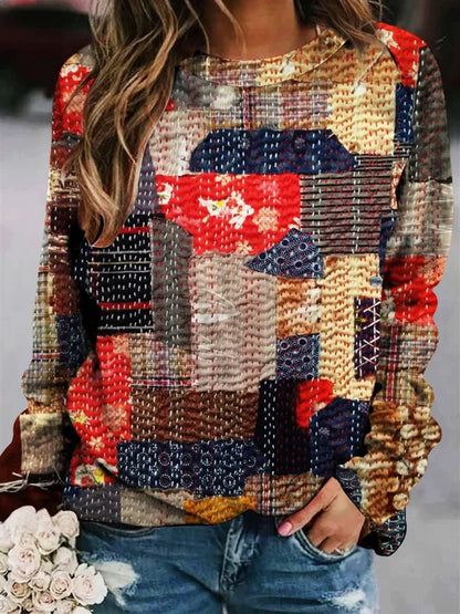 Damen Langarmshirt mit mehrfarbigem Patchwork- oder Strickmuster-Druck
