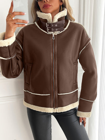 Damen Aviator-Jacke mit Kunstfellfutter und Schnallenkragen