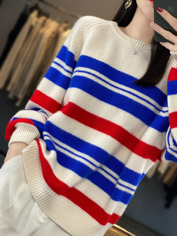 Damen Oversize Streifenpullover mit Rundhalsausschnitt Rot Blau Cremeweiß
