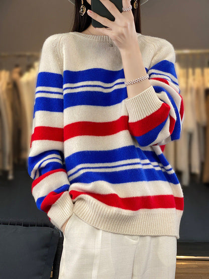 Damen Oversize Streifenpullover mit Rundhalsausschnitt Rot Blau Cremeweiß