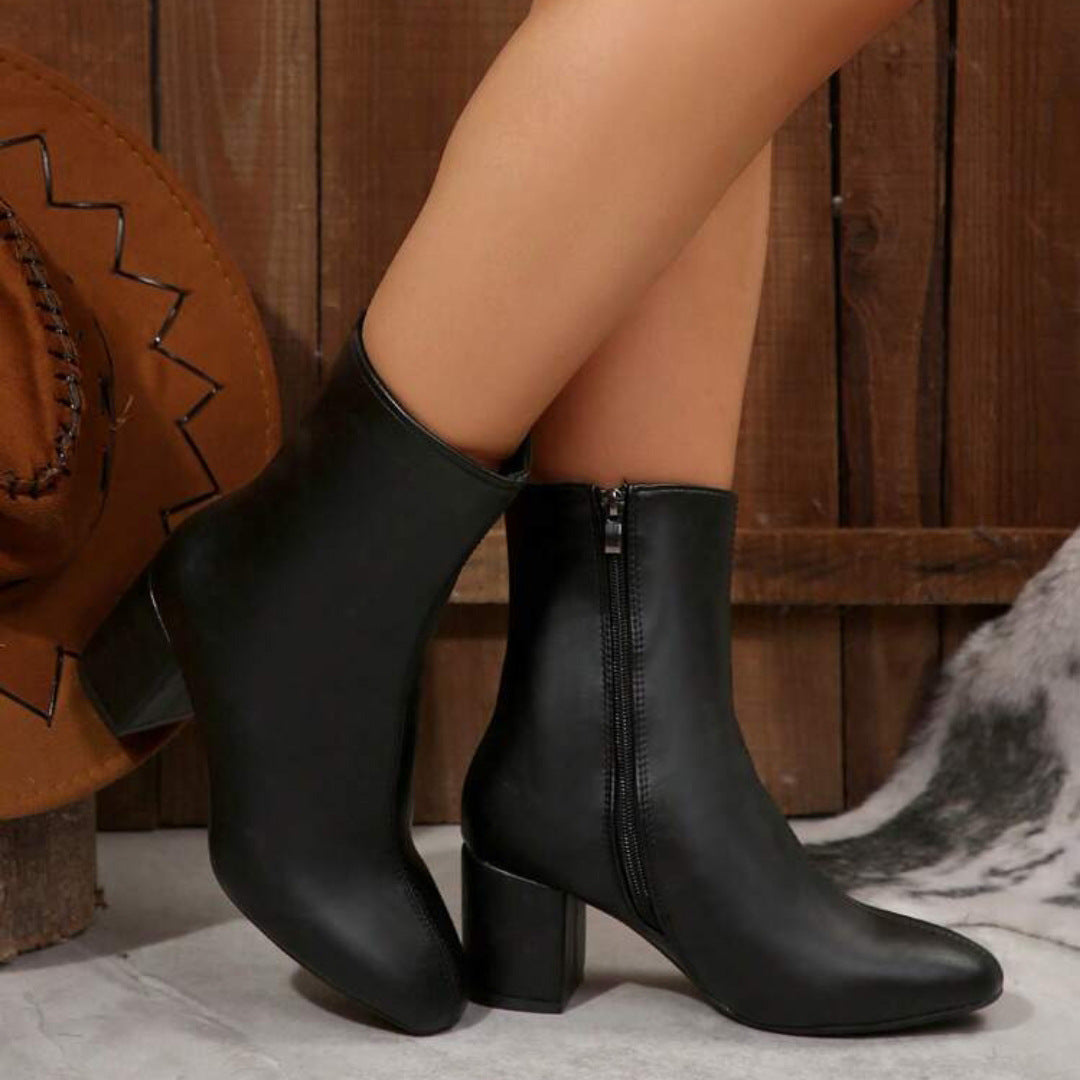 Damen Stiefelette mit Blockabsatz, Reißverschluss und spitzer Kappe
