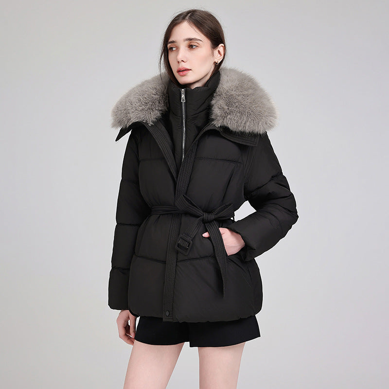 Damen Steppjacke Kurz mit Pelzkragen und Bindegürtel