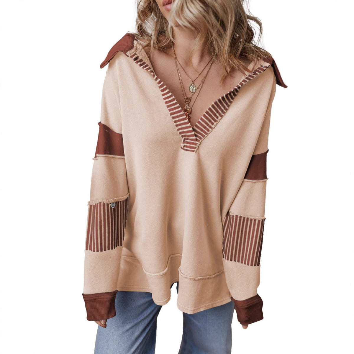 Damen Hoodie Pullover V-Ausschnitt Langarm Sweatshirt mit Streifenpatches
