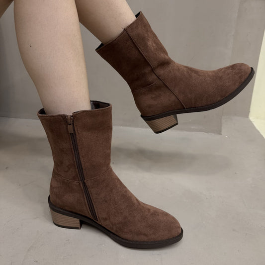 Damen Kurzstiefel im Wildleder-Look mit Reißverschluss und Blockabsatz