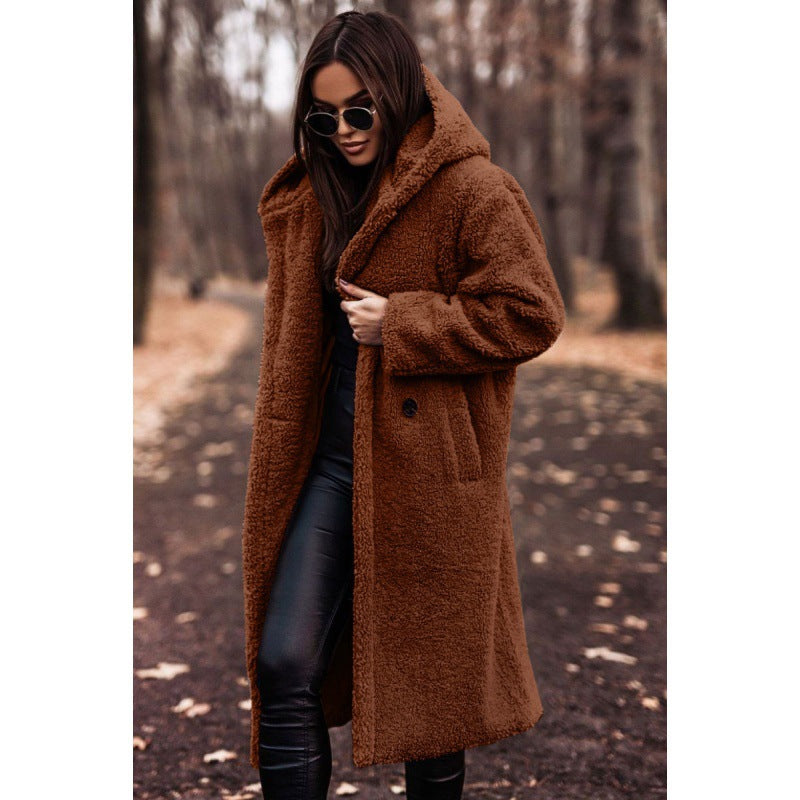 Damen Teddyfell-Mantel mit Kapuze – Langarm Wintermantel