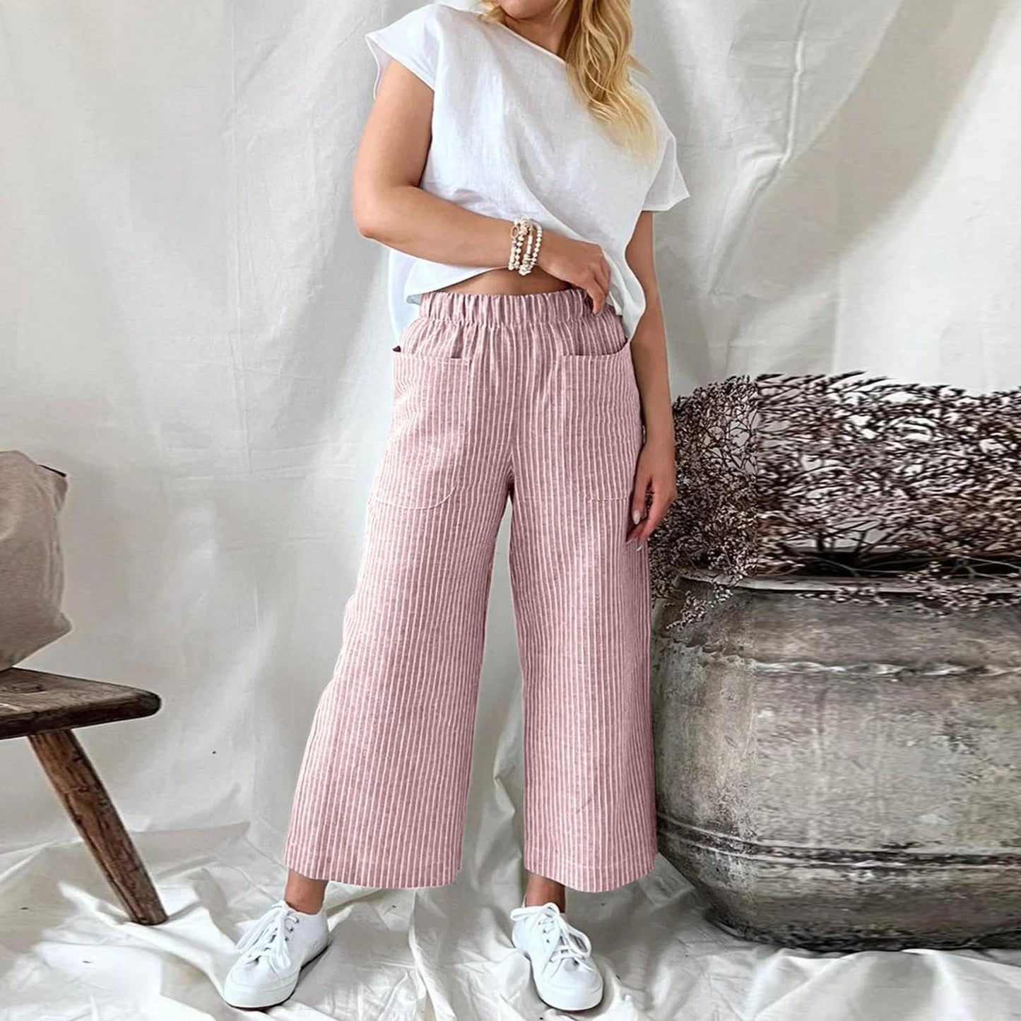 Heather – Weite Damenhosen aus Baumwollmischung – Veganes Leinen mit Streifen