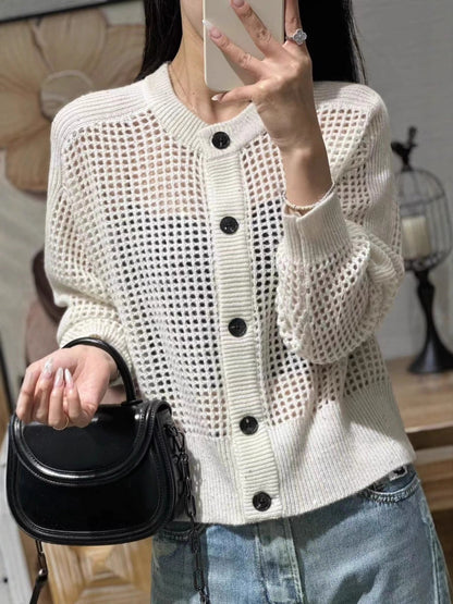 Damen Strick-Cardigan mit Lochmuster und Knopfleiste