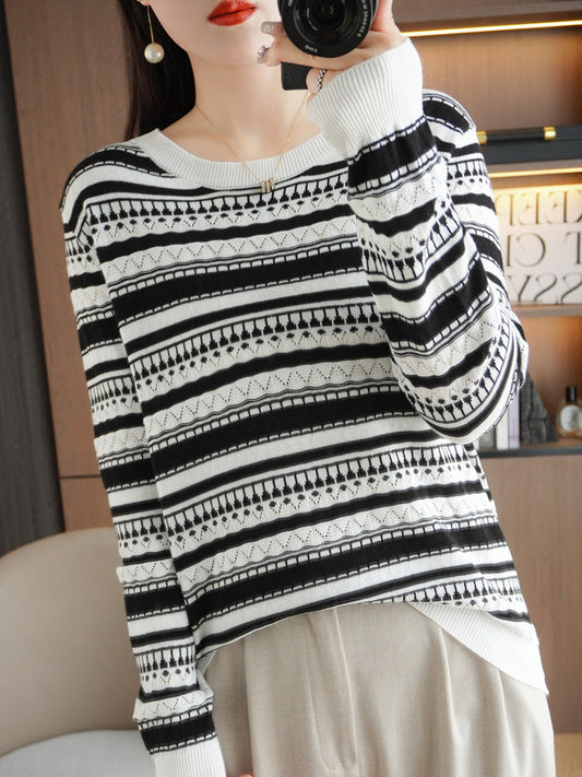 Damen Pullover Schwarz Weiß Gestreift Rundhalsausschnitt Strickmuster Langarm