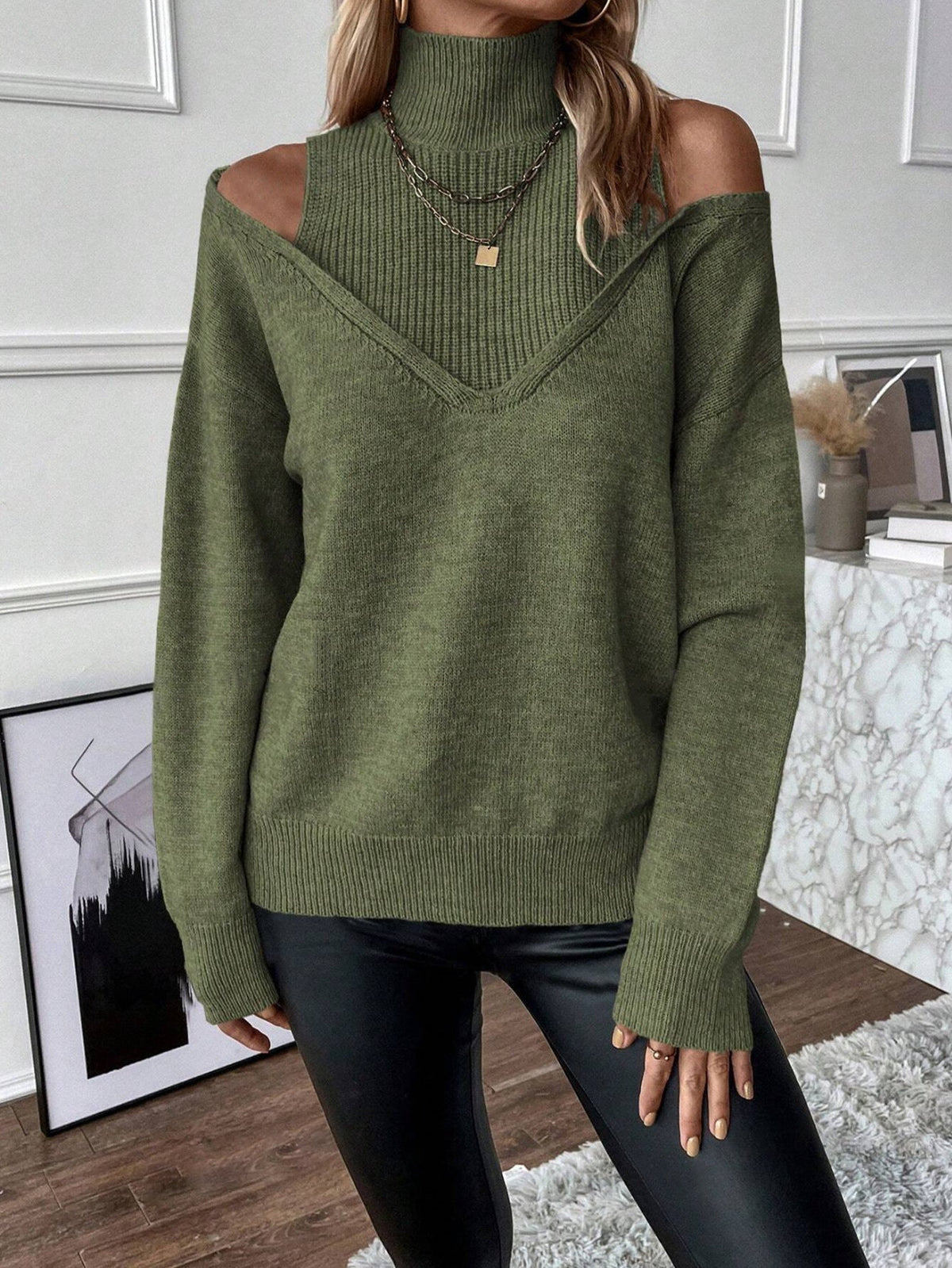 Damen Strickpullover Cold Shoulder Rollkragen Oversize V-Ausschnitt
