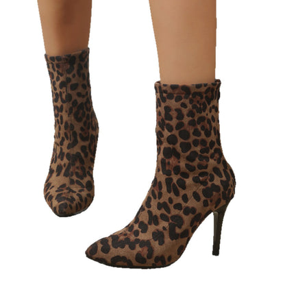 Leopardenmuster Stiefeletten mit spitzer Zehenpartie und Pfennigabsatz