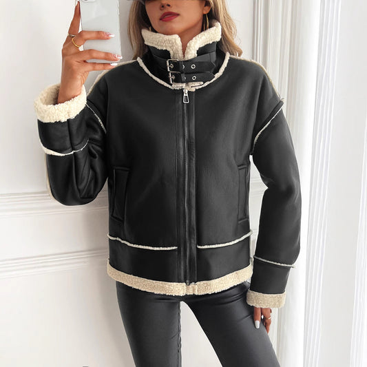 Damen Aviator-Jacke mit Kunstfellfutter und Schnallenkragen