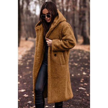 Damen Teddyfell-Mantel mit Kapuze – Langarm Wintermantel