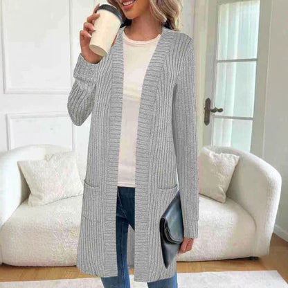 Damen Strick-Cardigan mit Rippmuster und Taschen, Lang, Offen