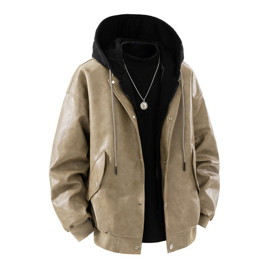 Herren Jacke im Leder-Look mit Kapuze Bomberjacke Reißverschluss Druckknöpfe