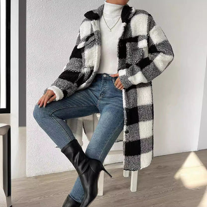 Damen Karierter Teddy Mantel Lange Shacket Jacke mit Knöpfen