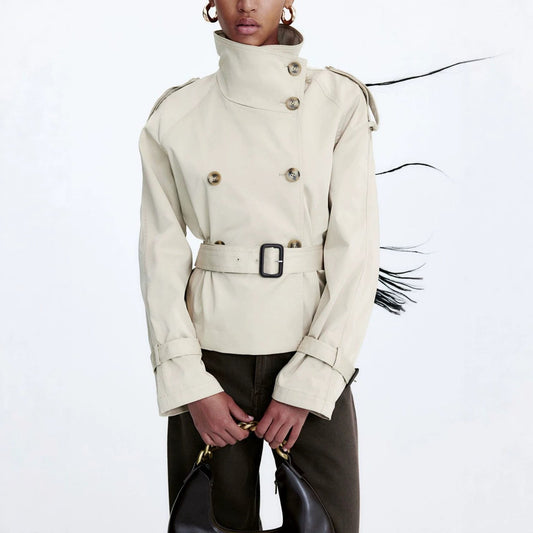 Kurze Damen Trenchcoat-Jacke mit Gürtel Zweireiher Stehkragen
