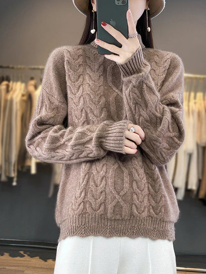 Damen Zopfstrick Pullover in Naturbeige mit Rundhalsausschnitt und Rippbündchen