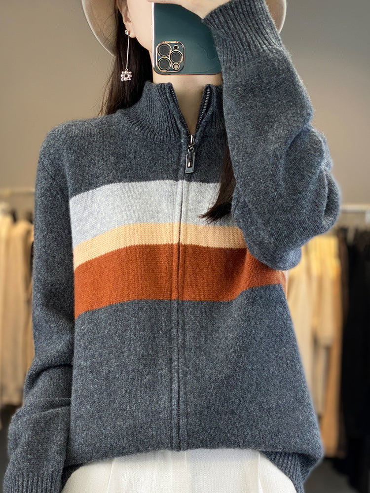 Damen Strickjacke mit Reißverschluss, Stehkragen und Farbblock-Design in Grau
