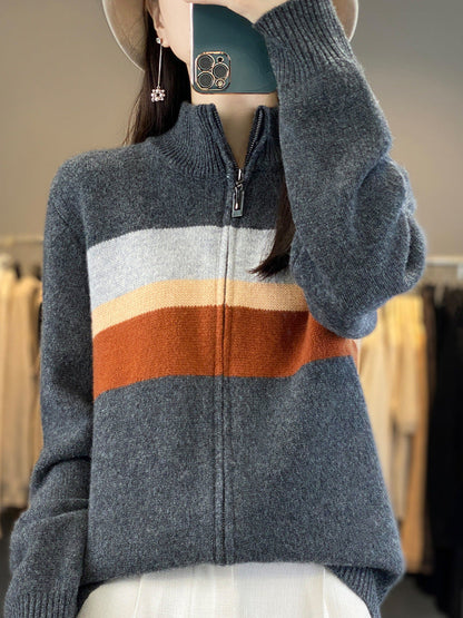 Damen Strickjacke mit Reißverschluss, Stehkragen und Farbblock-Design in Grau