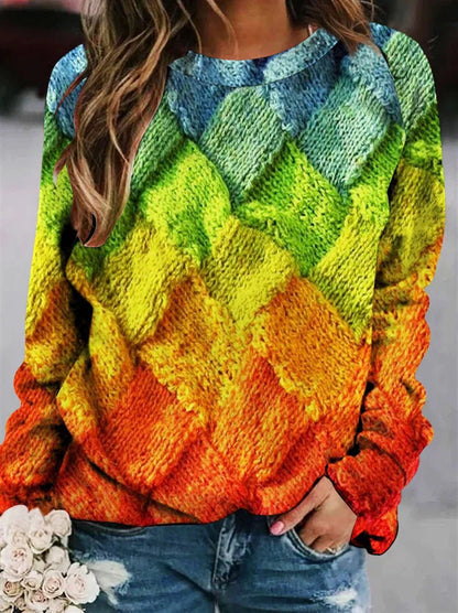 Damen Langarmshirt mit mehrfarbigem Patchwork- oder Strickmuster-Druck