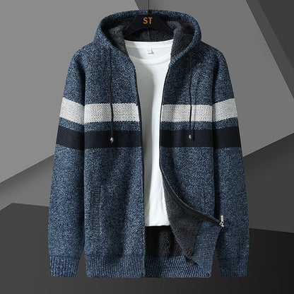 Herren Strickjacke mit Kapuze & Reißverschluss, gefüttert, gestreift