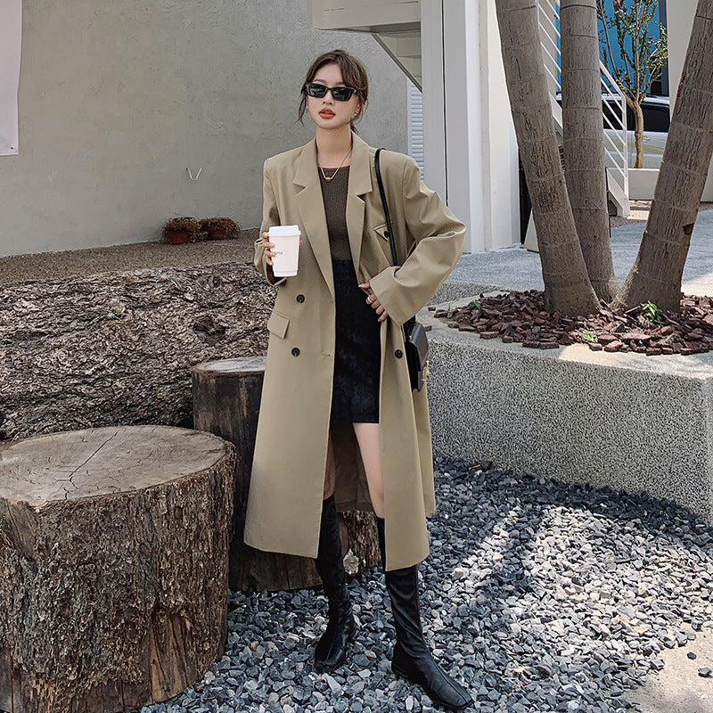 Damen Langer Trenchcoat Mantel Zweireihig Beige Reverskragen