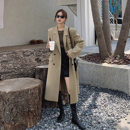 Damen Langer Trenchcoat Mantel Zweireihig Beige Reverskragen