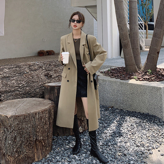 Damen Langer Trenchcoat Mantel Zweireihig Beige Reverskragen
