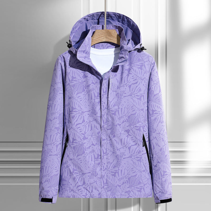 Leichte Outdoor Jacke mit Kapuze & Blattmuster Reißverschluss-Taschen für Damen & Herren