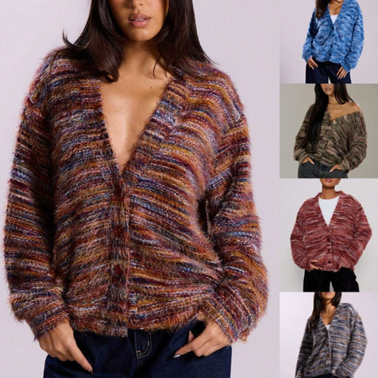 Damen Flauschiger Strick Cardigan mit V-Ausschnitt und Knopfleiste