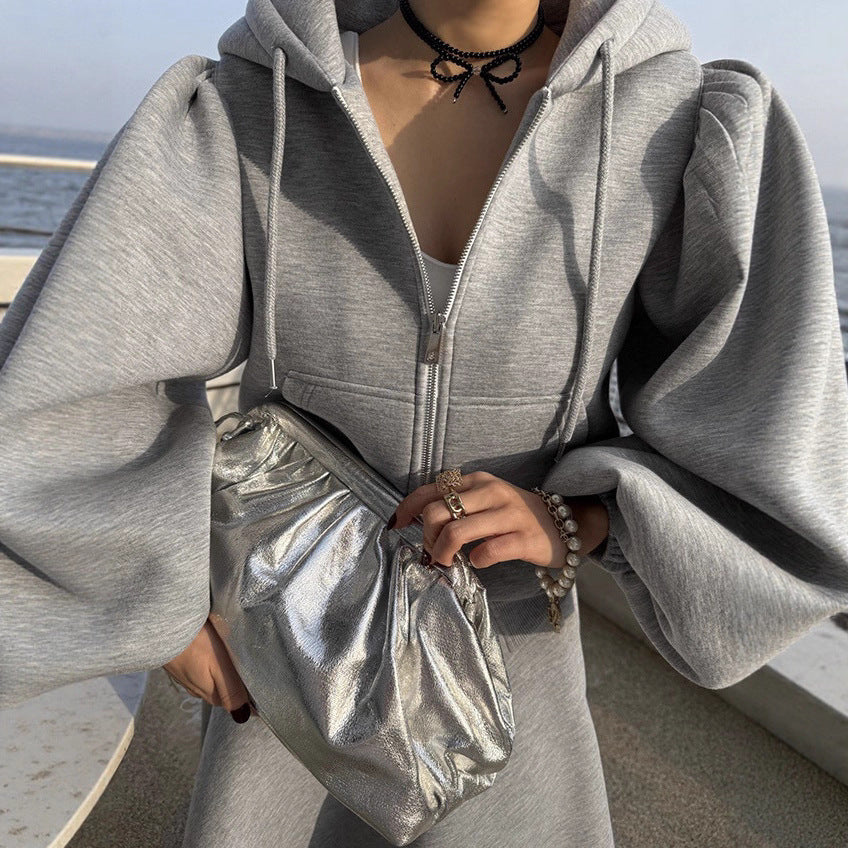Damen Hoodie & Midirock Set mit Puffärmeln, Zweiteiler