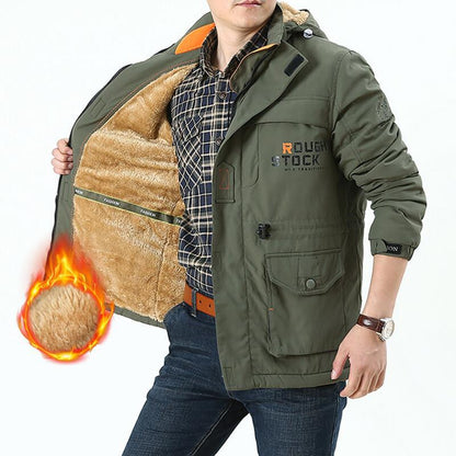 Herren Winterjacke mit Kapuze, Teddyfutter und Taschen, Warm Gefütterte Outdoor Jacke