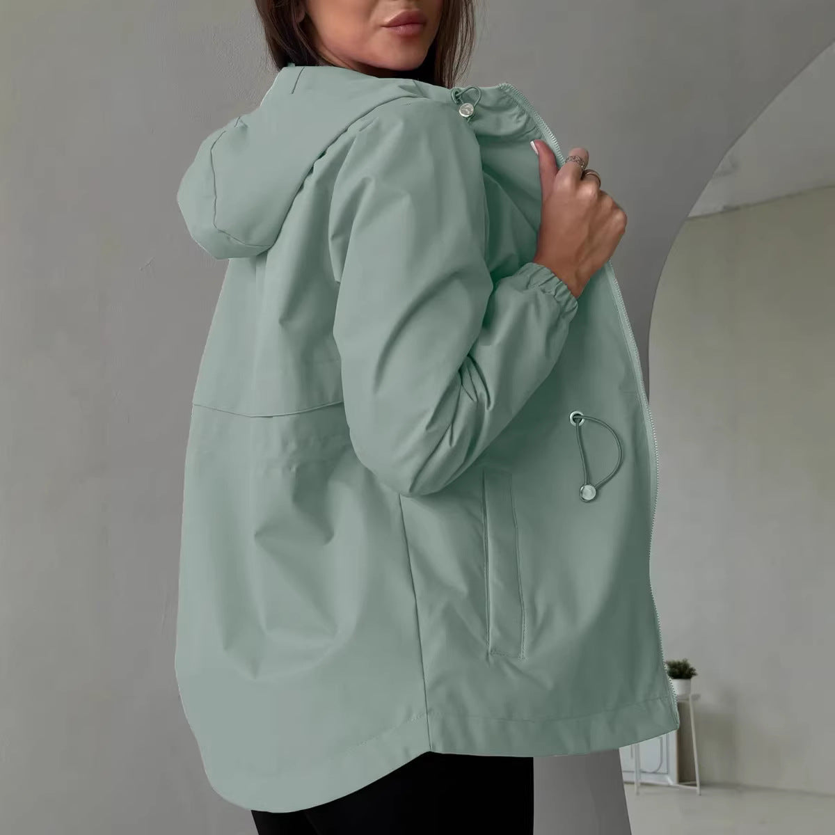 Damen Jacke mit Kapuze und Kordelzug in der Taille, Leichte Übergangsjacke