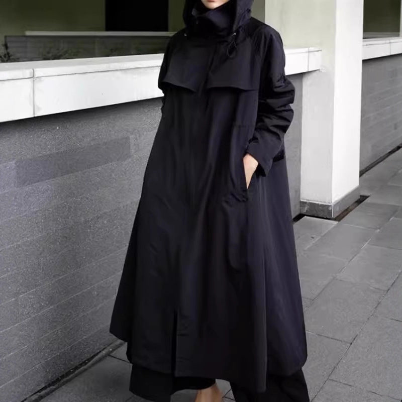Damen Langer Mantel Schwarz mit Kapuze und weitem Schnitt