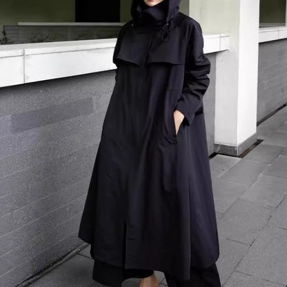 Damen Langer Mantel Schwarz mit Kapuze und weitem Schnitt