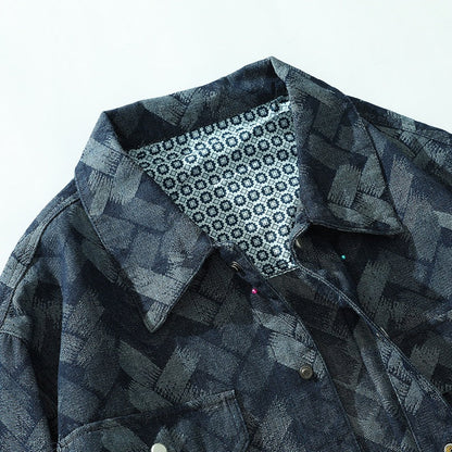 Herren Überhemd mit Muster Jeans-Optik Knopfleiste Brusttaschen