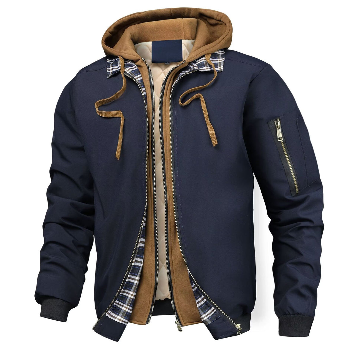 Herren Bomberjacke mit Kapuze und Karofutter - Schwarz